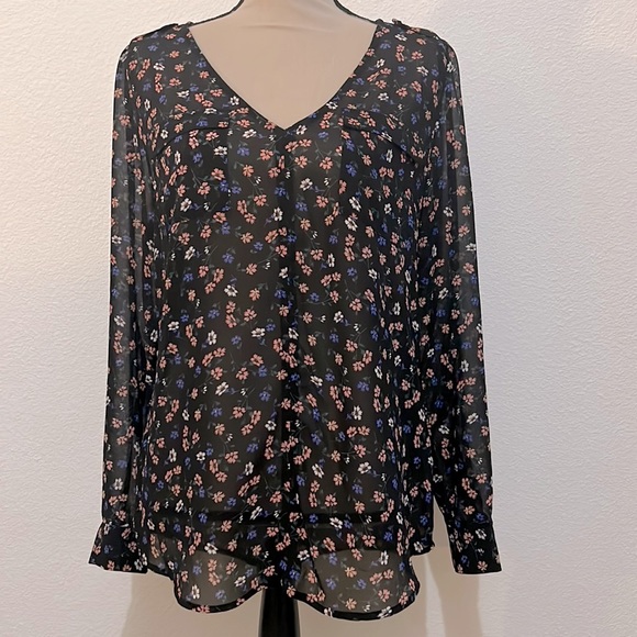 Sheer Black and Floral Long Sleeve Top - Picture 1 of 3